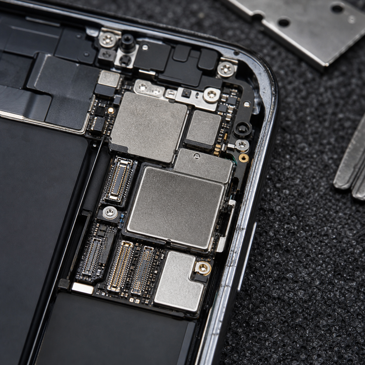 iPhone 主板在维修台上的显微检测细节，展示屏蔽罩、接口和周边元件