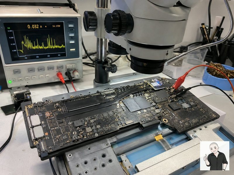 MacBook 主板连接检测仪器进行不开机供电检查，维修台可见显微镜和电源设备
