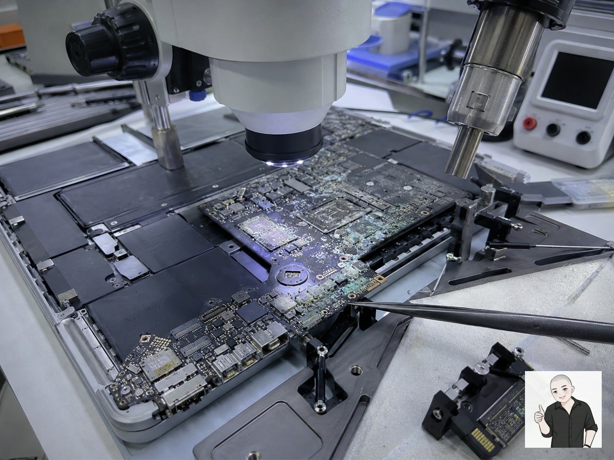MacBook 进水主板在显微镜下进行腐蚀与短路检查