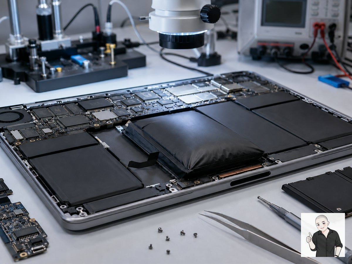 MacBook 拆机后检查鼓包电池、触控板受压和周边排线状态