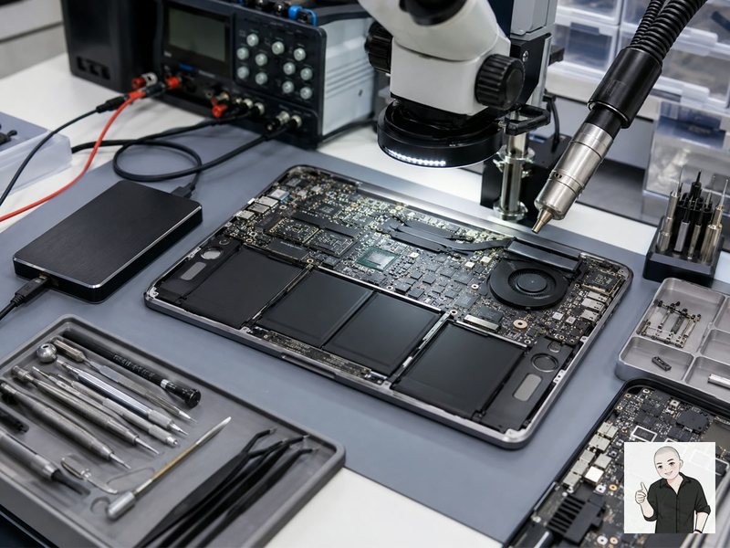 MacBook 主板存储区域在维修台上进行扩容前机型和硬件检查