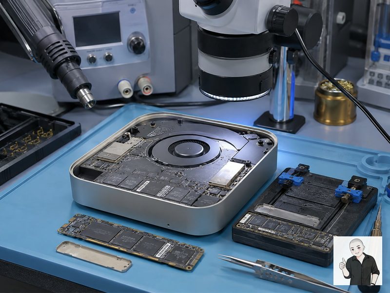 Mac mini 拆机后展示主板、风扇、存储区域和维修工具