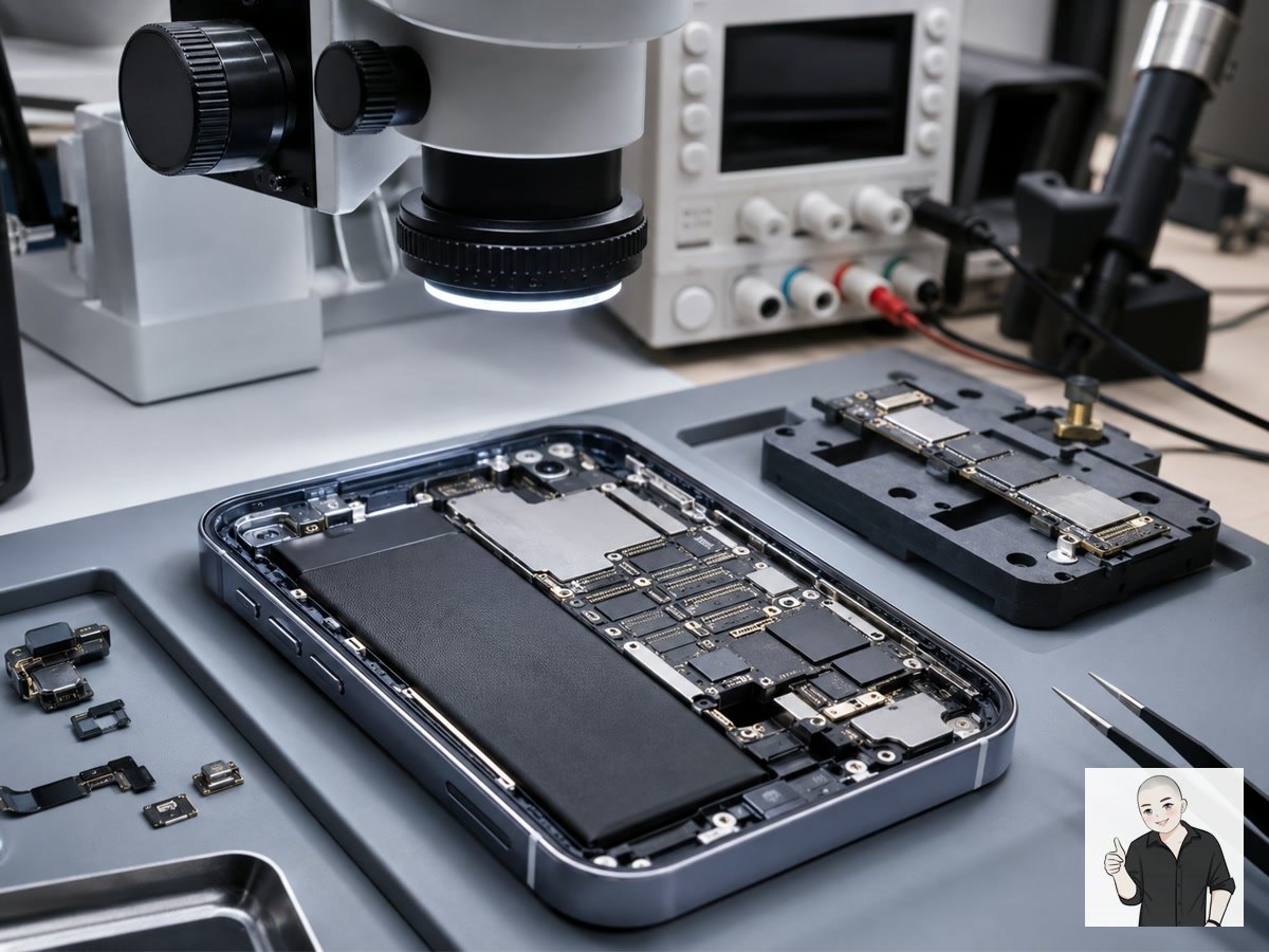 iPhone 拆机后展示主板、天线触点和射频相关检查区域
