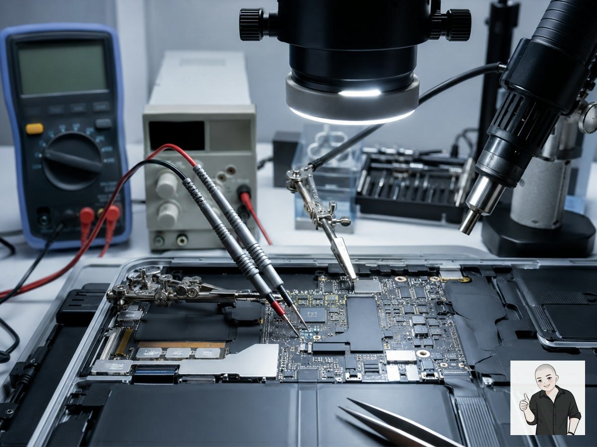 MacBook 主板连接探针和检测仪器进行供电测量