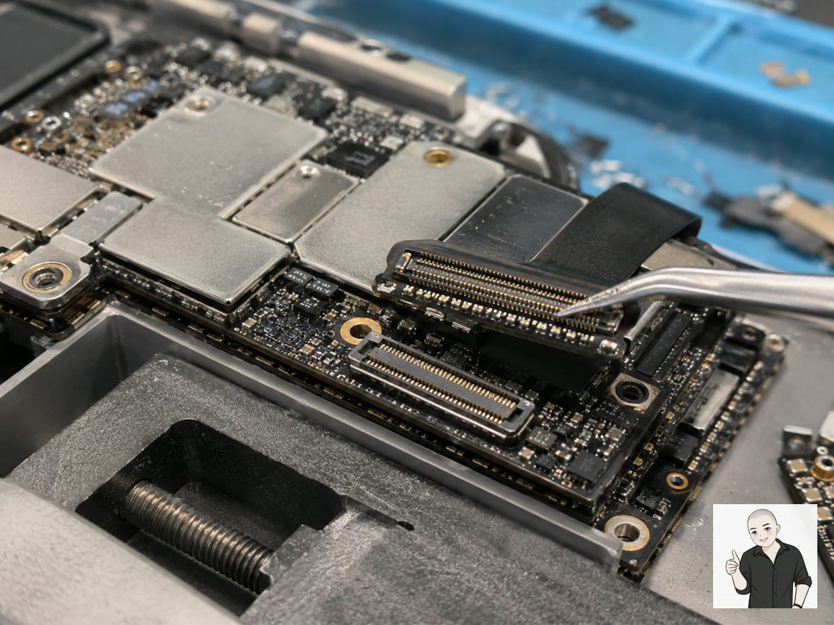 MacBook 主板屏线接口和周边元件的显微细节