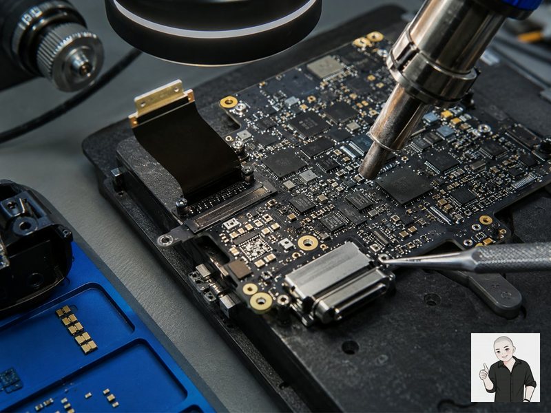 MacBook 主板存储芯片区域在热风返修设备下进行工艺检查