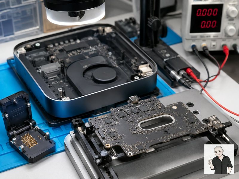 Mac mini 拆机后展示主板、风扇、底盖和维修工具