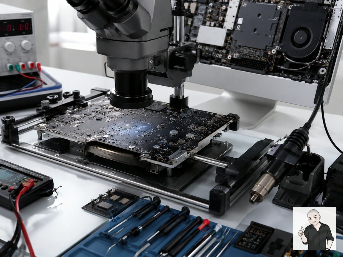 iMac 主板在显微镜和维修夹具下进行 SSD 升级检查