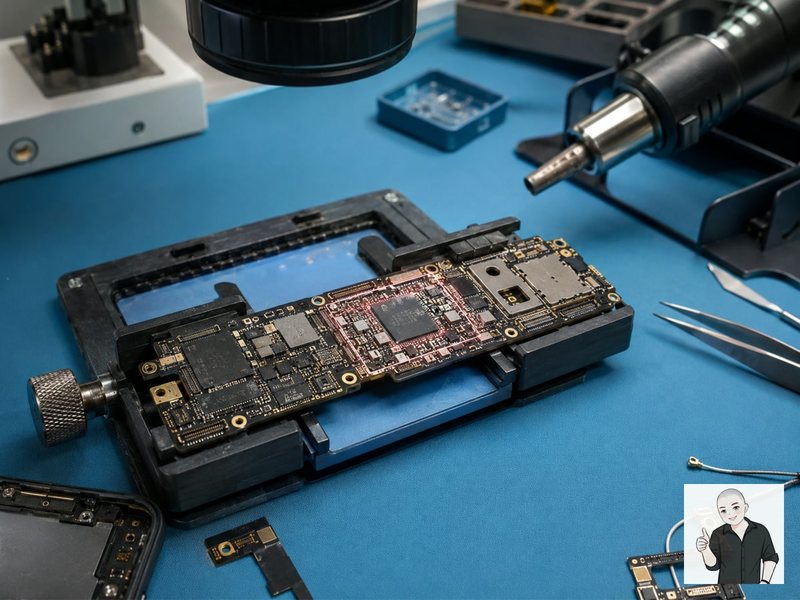 iPhone 主板放置在维修台上进行信号和射频区域检查